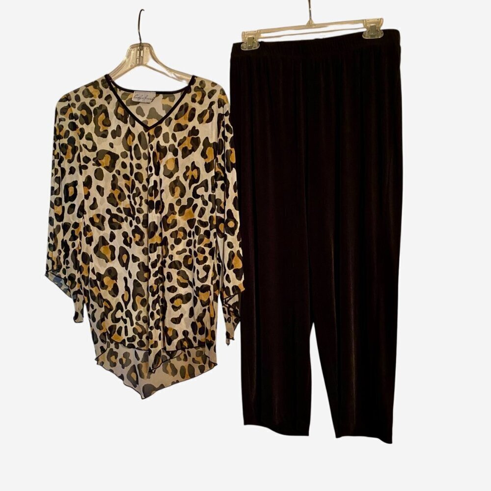 Carolyn Strauss 2-pc set Sheer Leopard Blouse/Wide Leg Slinky Capri Pants M/L